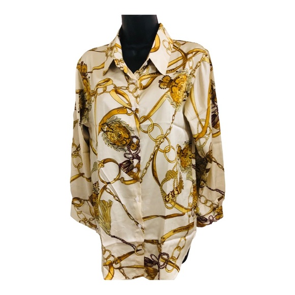 Designer look ivory satin‎ look gold chain print button down blouse top size XL - Picture 9 of 16